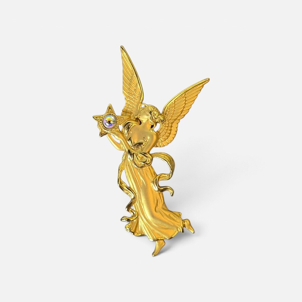 JJ Jonette Jewelry Vintage Gold Tone Angel Brooch Star AB Rhinestone Pin